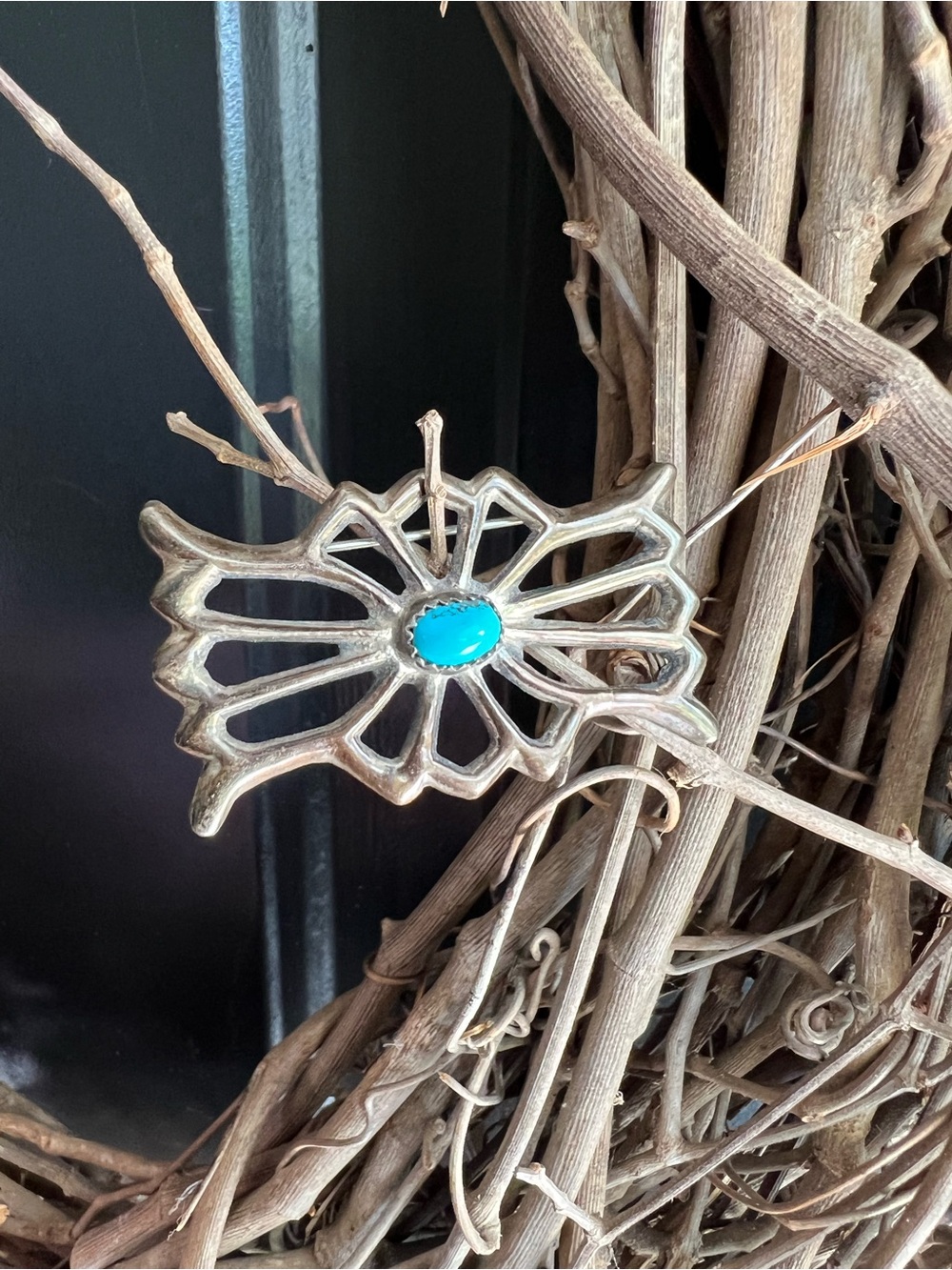 Early Sandcast Coin Silver Turquoise Pin Brooch